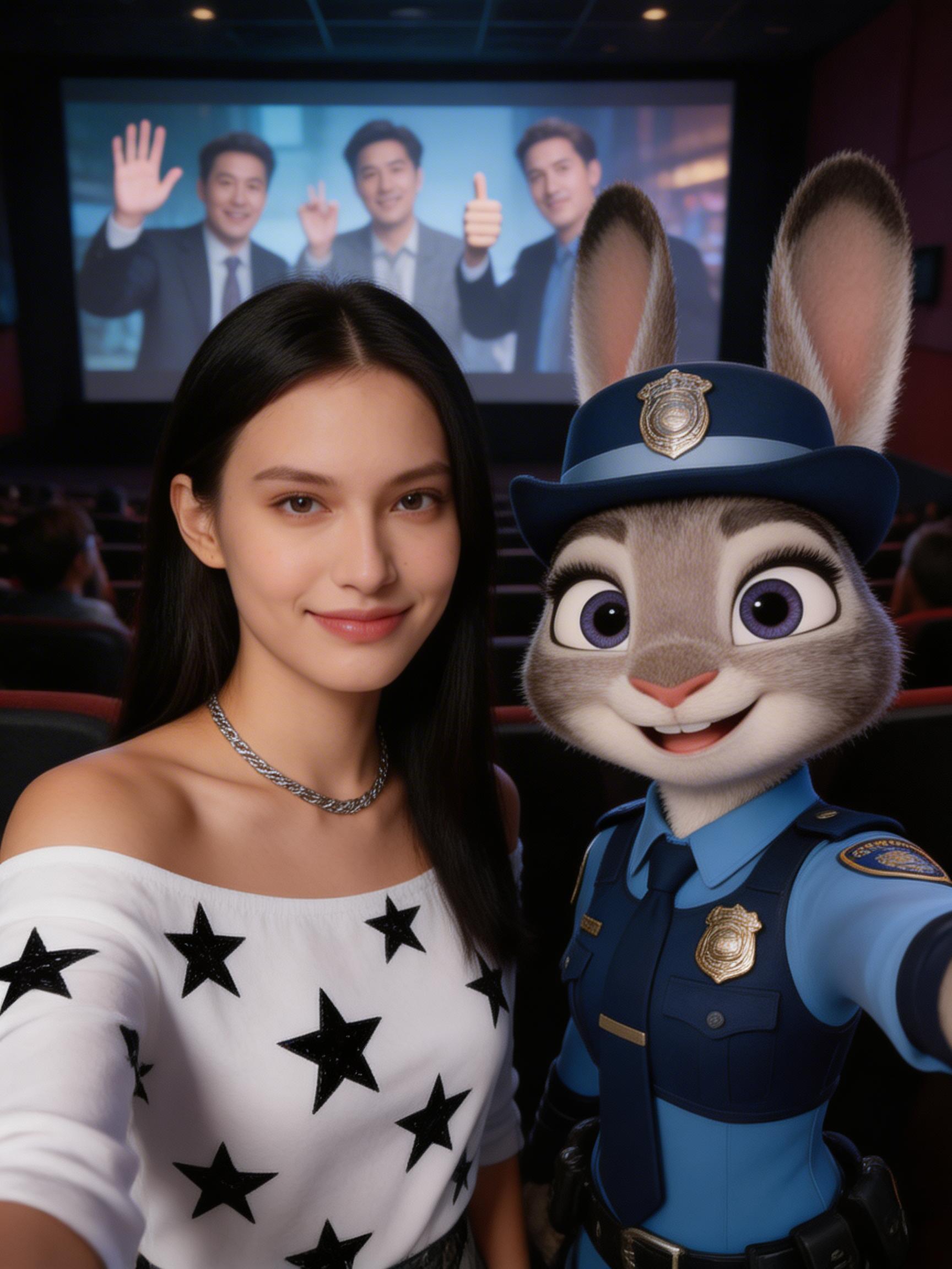 A Woman And A Character In A Police Uniform Pose For A Selfie In A Movie Theater Setting With A Film Playing In The Background
