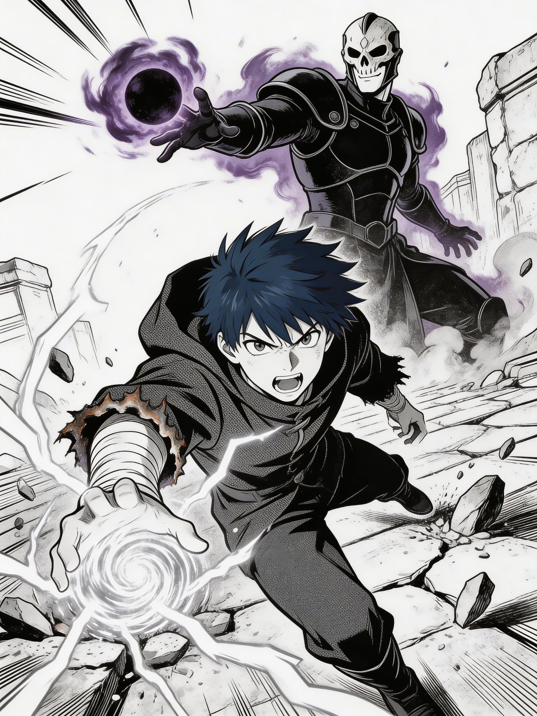 A Dynamic Scene Featuring Two Characters In A Dramatic Battle Setting With One Unleashing A Swirling Energy Attack And The Other Summoning A Dark Orb Amidst Crumbling Ruins