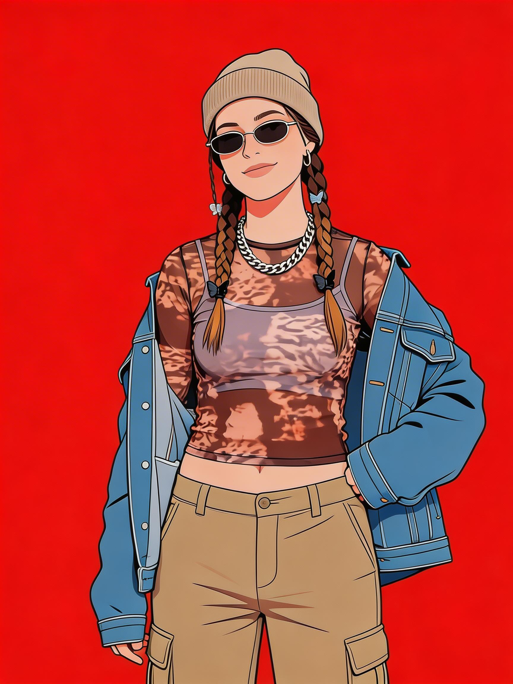 A Woman Dressed In Casual Layered Streetwear Stands Confidently Against A Bold Red Background