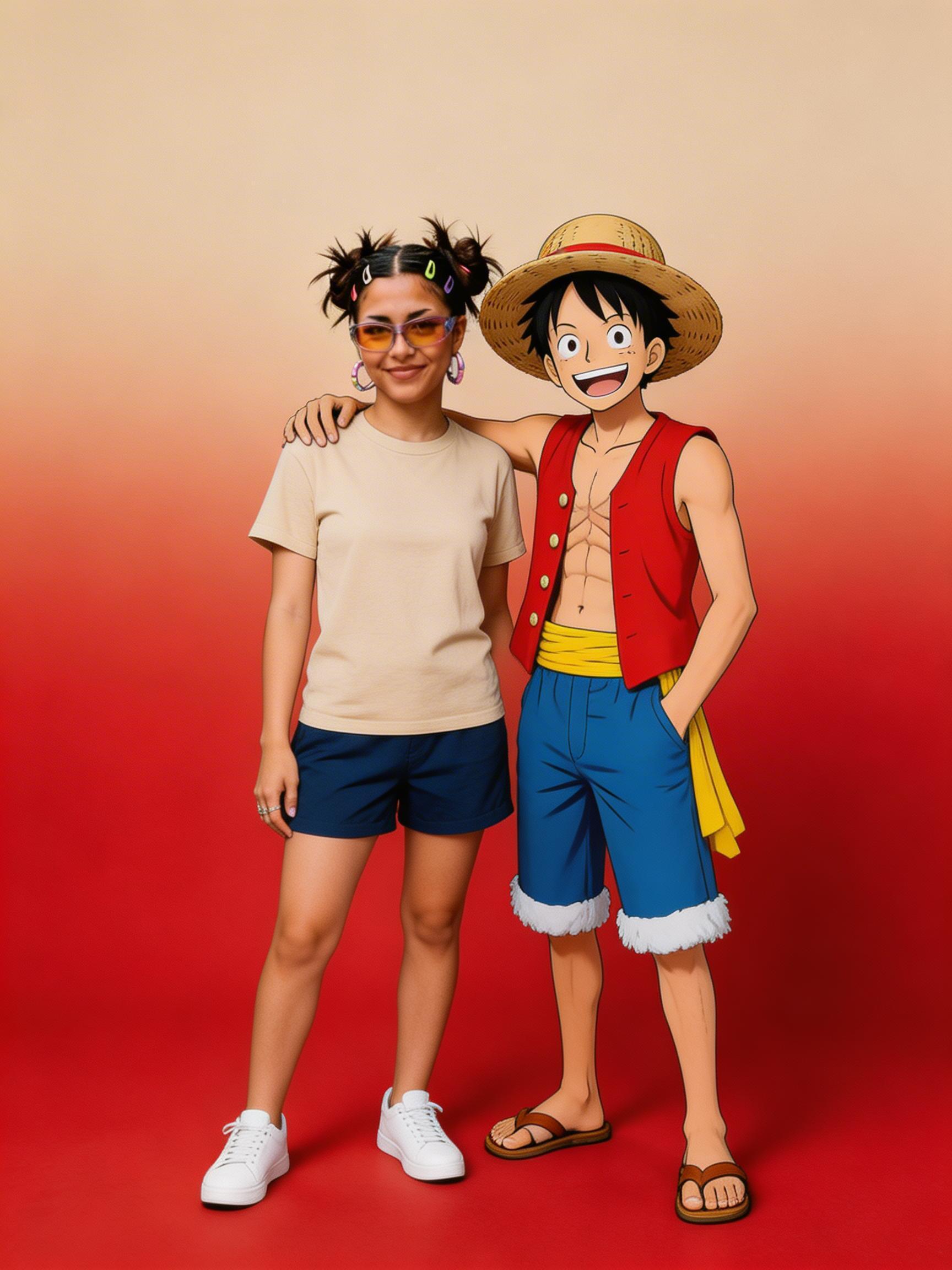 A Woman Poses Alongside An Animated Character In A Studio Setting With A Gradient Red Background