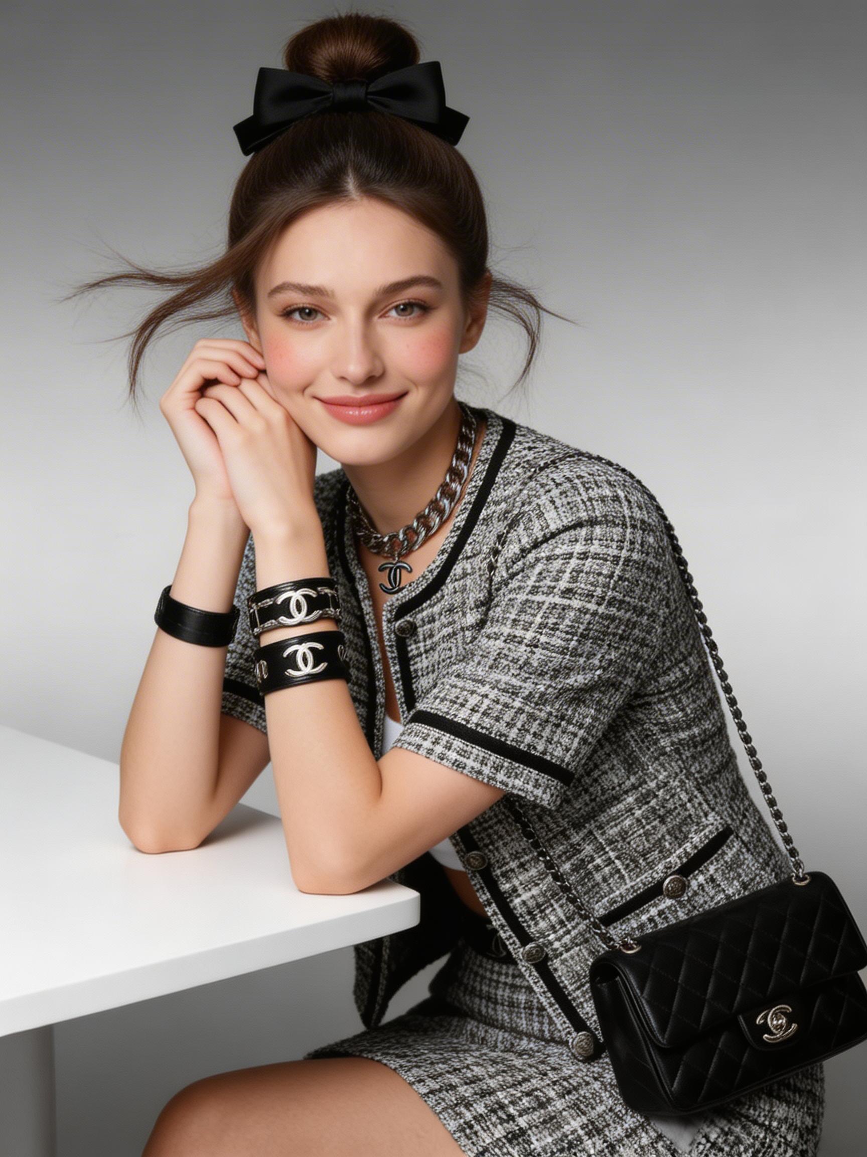 A Woman Dressed In A Stylish Tweed Outfit And Accessorized With A Black Bag And Jewelry Is Seated At A White Table Against A Neutral Background