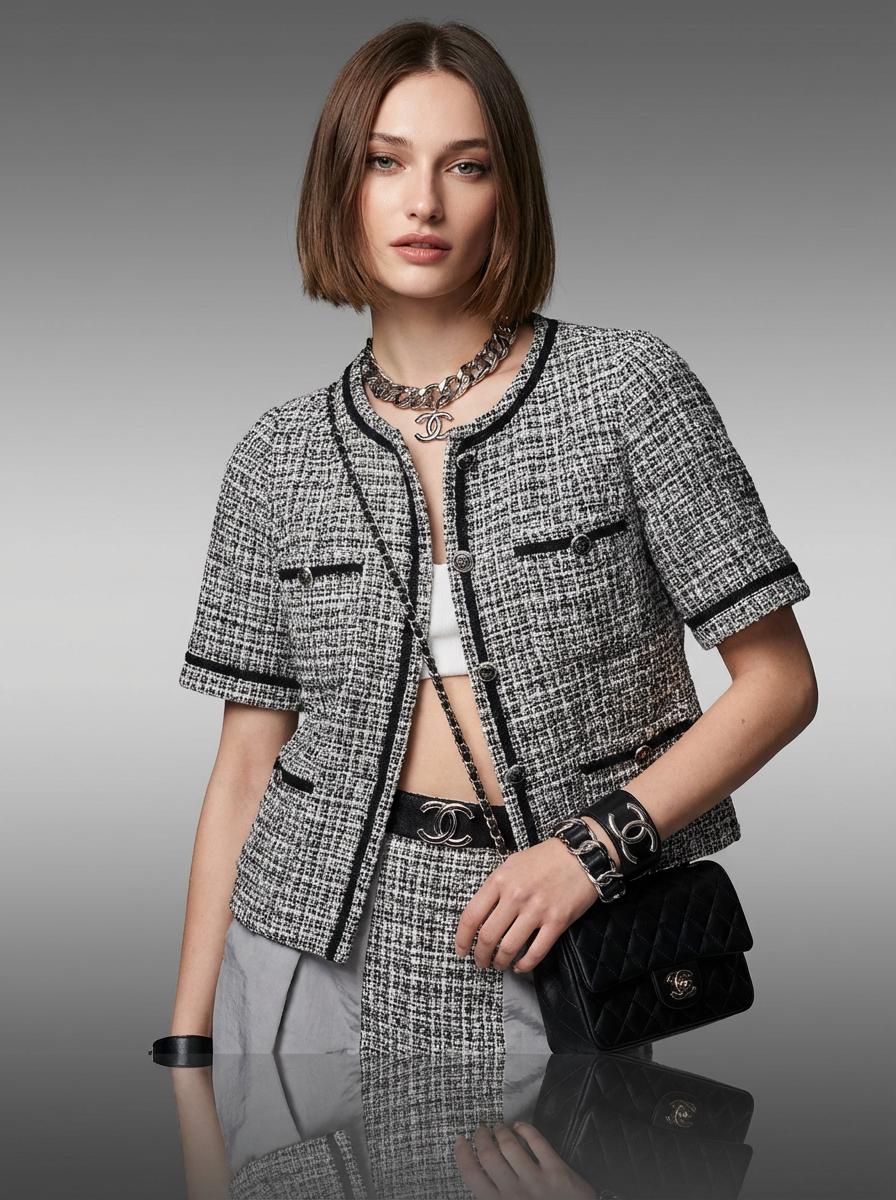 A Woman Dressed In A Stylish Tweed Outfit And Accessorized With A Black Bag And Jewelry Is Seated At A White Table Against A Neutral Background before