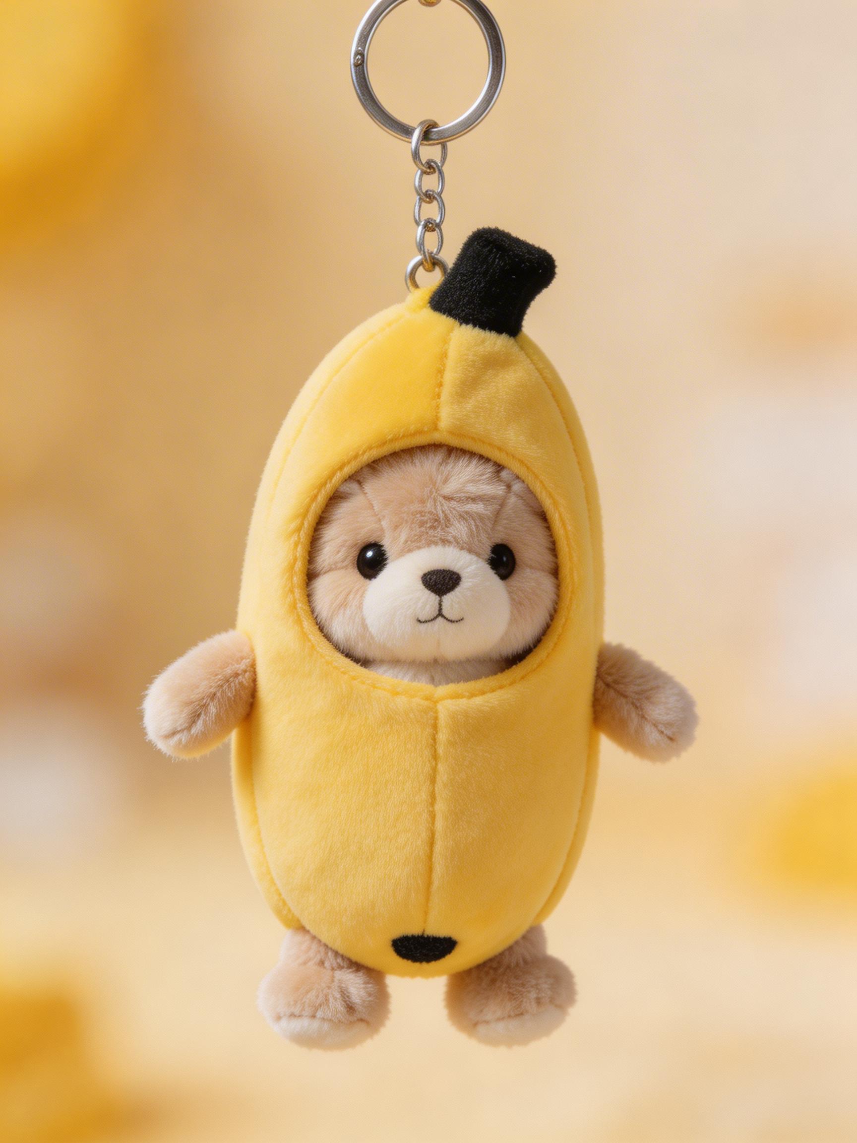A Plush Bear Keychain Dressed As A Banana Is Showcased Against A Soft Yellow Background