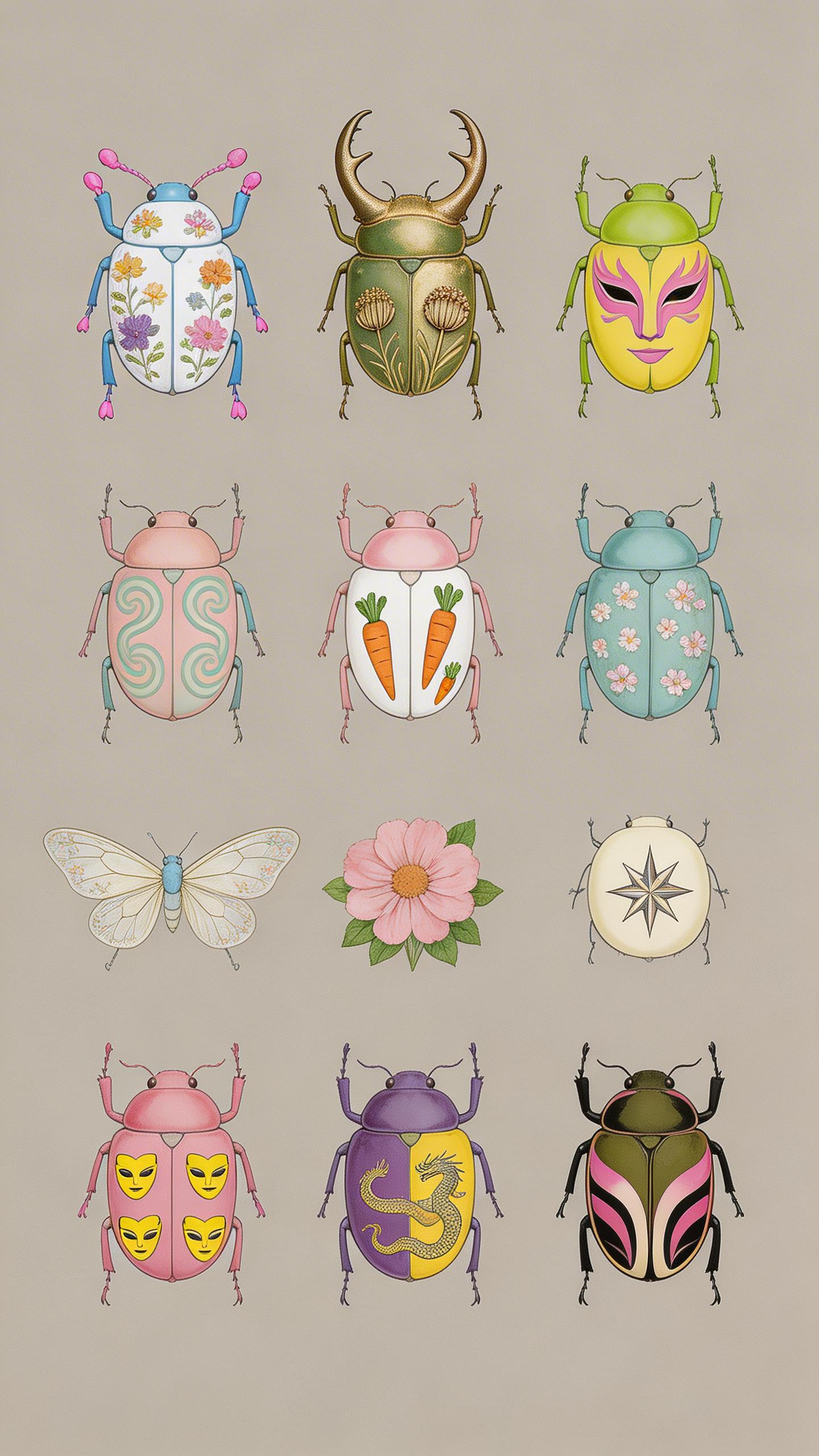 A Collection Of Beautifully Illustrated Beetles And Insects With Intricate Designs Set Against A Neutral Background