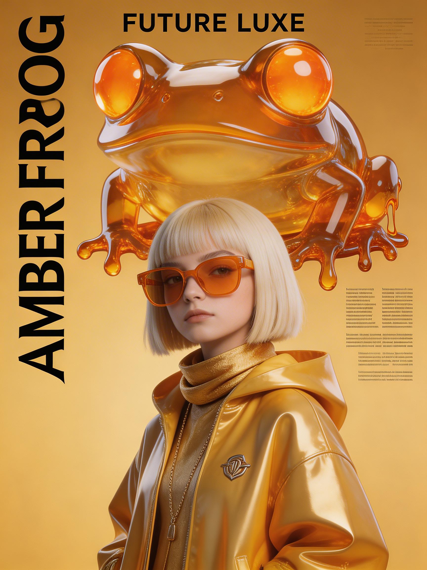 A Woman Dressed In A Gold Outfit Poses In Front Of A Striking Amber Frog Sculpture Against A Matching Golden Backdrop