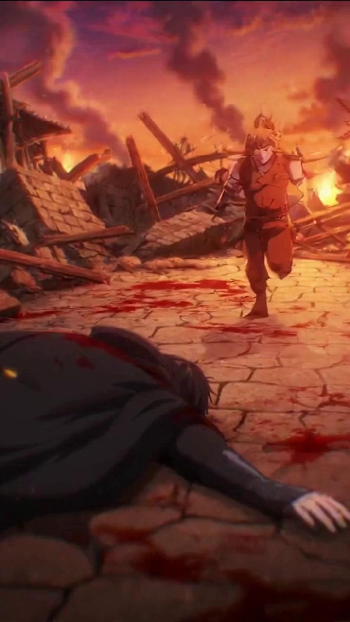 A cinematic anime-style battle sequence set in a destroyed village at sunset, with smoke r