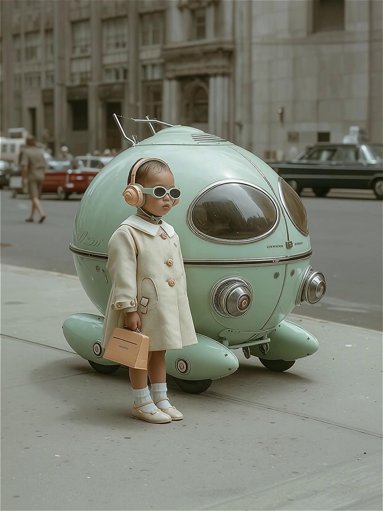 A stylish toddler in a cream vintage coat, white socks, and tiny shoes stands on a city si