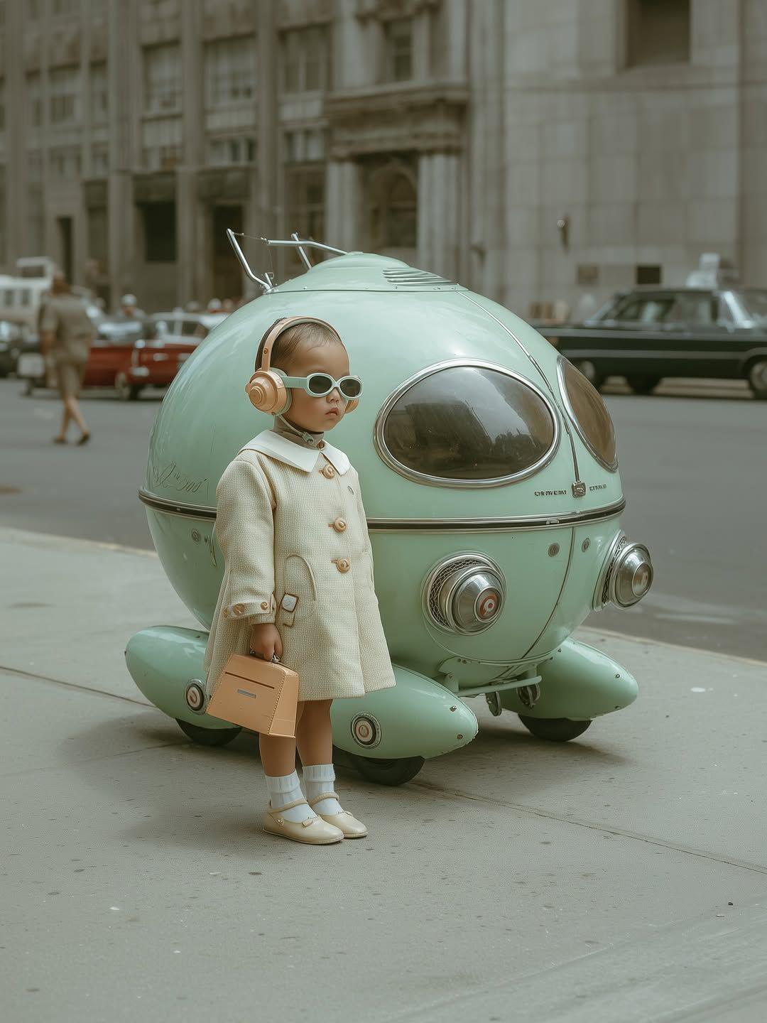 A stylish toddler in a cream vintage coat, white socks, and tiny shoes stands on a city si before