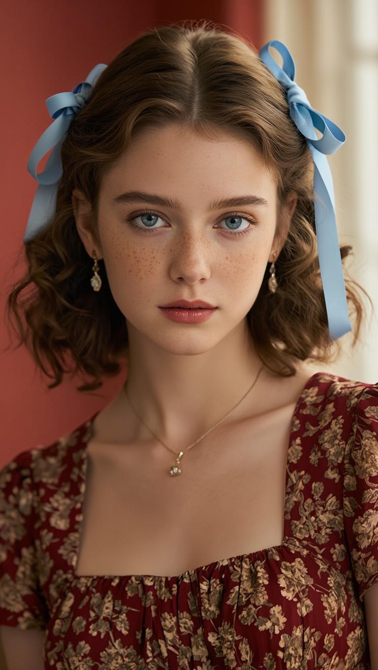 A Woman Wearing A Floral Dress And Blue Hair Ribbons Is Posed Against A Warm Indoor Backdrop