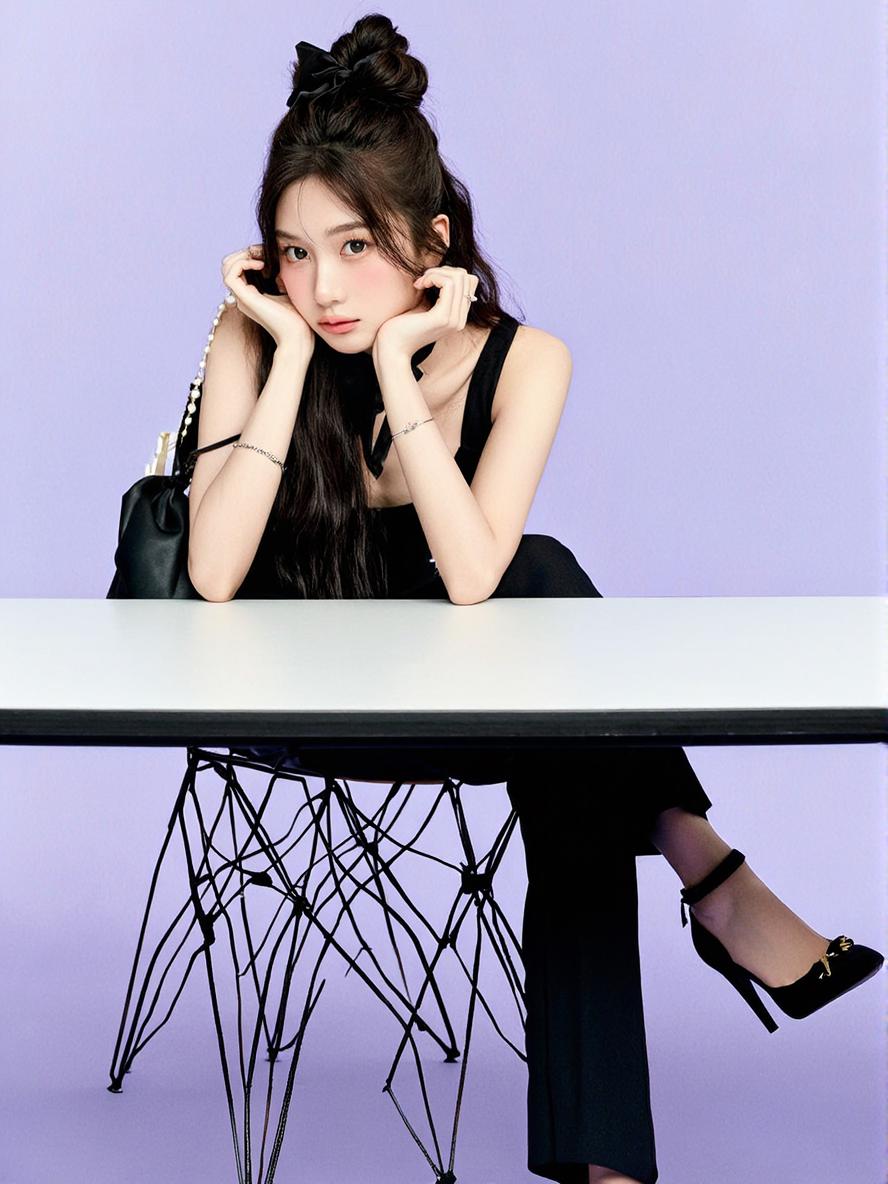 A Woman Dressed In Black Sits At A Modern Wire-Frame Table Against A Purple Backdrop