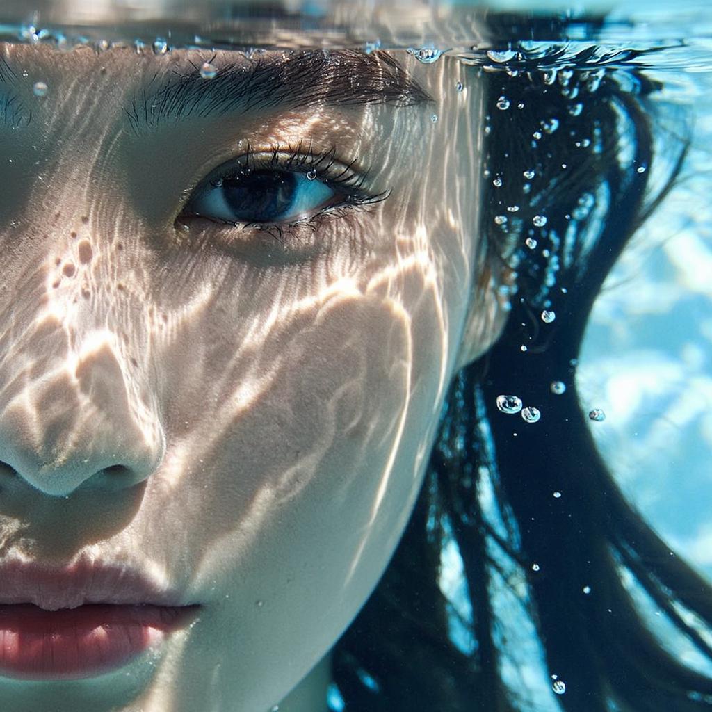 A Woman Is Partially Submerged In Clear Water With Sunlight Creating Shimmering Reflections On Her Face