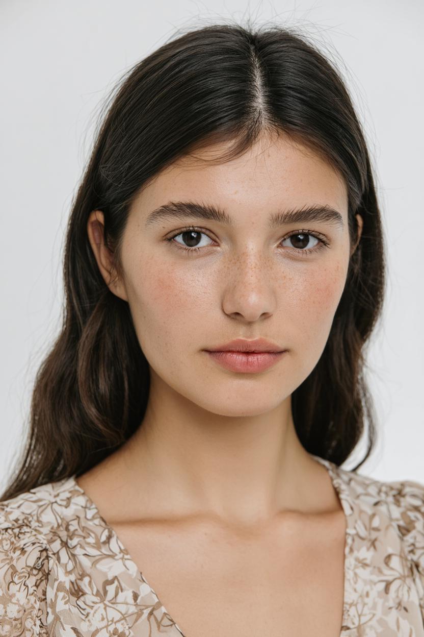 A Woman Wearing A Floral-Patterned Blouse Is Photographed In A Minimal Studio Setting With A Neutral Background