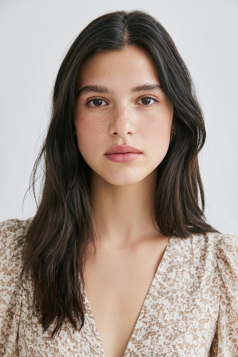 A Woman Wearing A Patterned Blouse Poses Against A Neutral Studio Backdrop