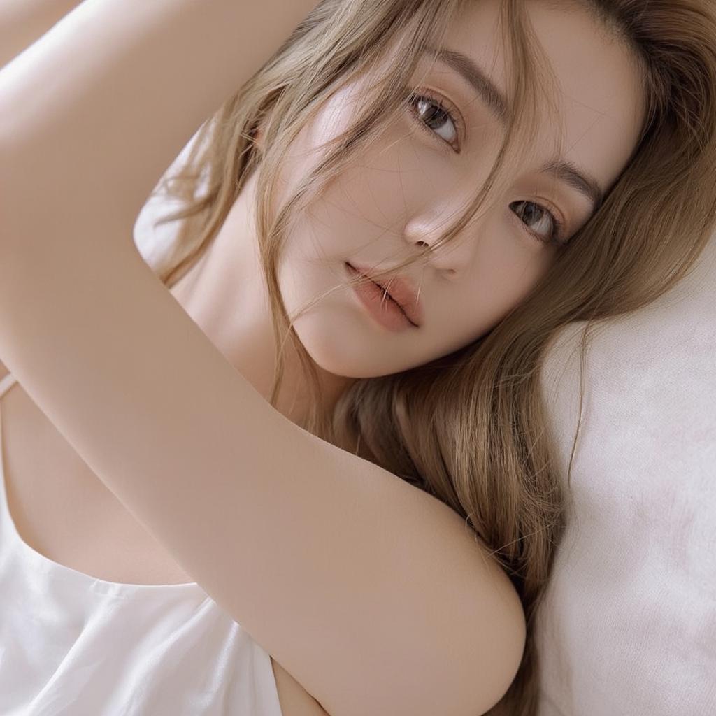 A Woman With Flowing Hair Is Captured In A Serene Intimate Setting While Resting On A Light-Colored Surface