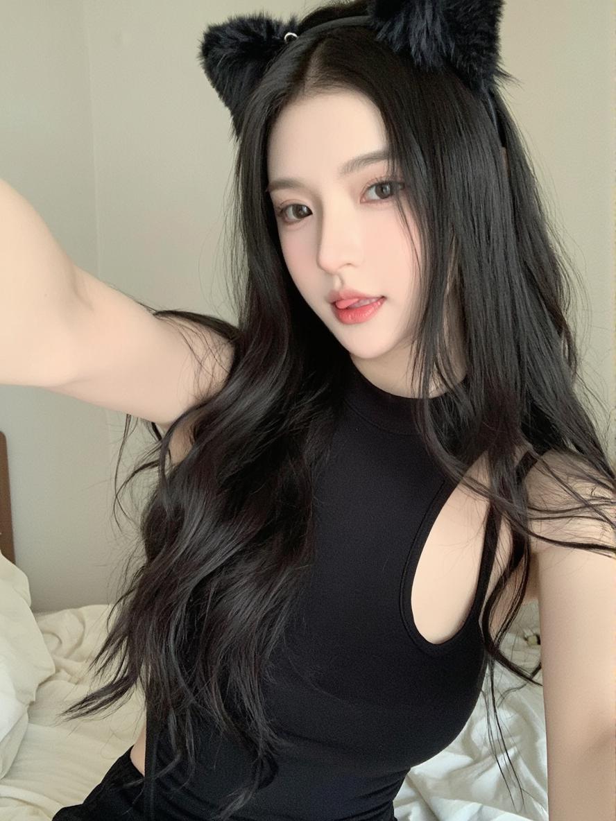 A Woman Wearing A Black Outfit And Cat Ear Headband Poses In A Cozy Indoor Setting With A Bed In The Background