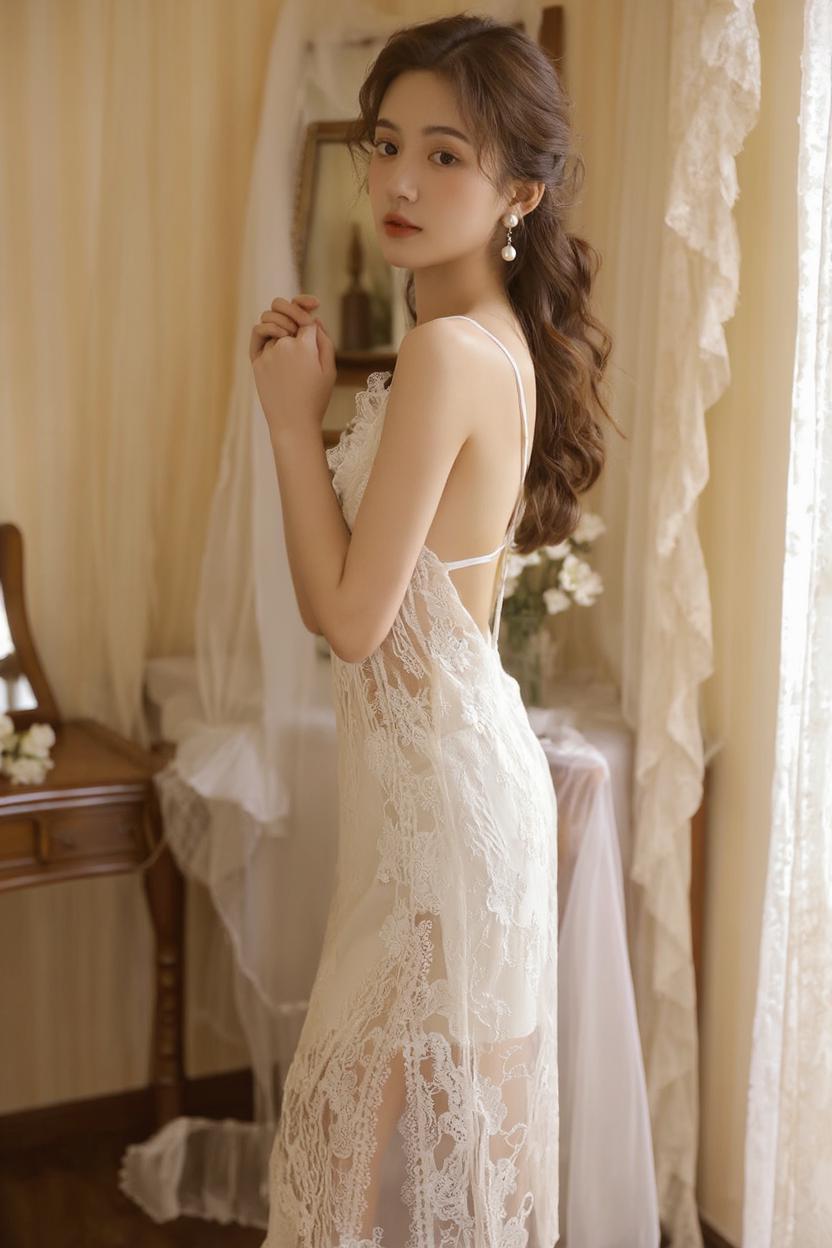 A Woman In An Elegant Lace Dress Is Captured In A Softly Lit Vintage-Inspired Room