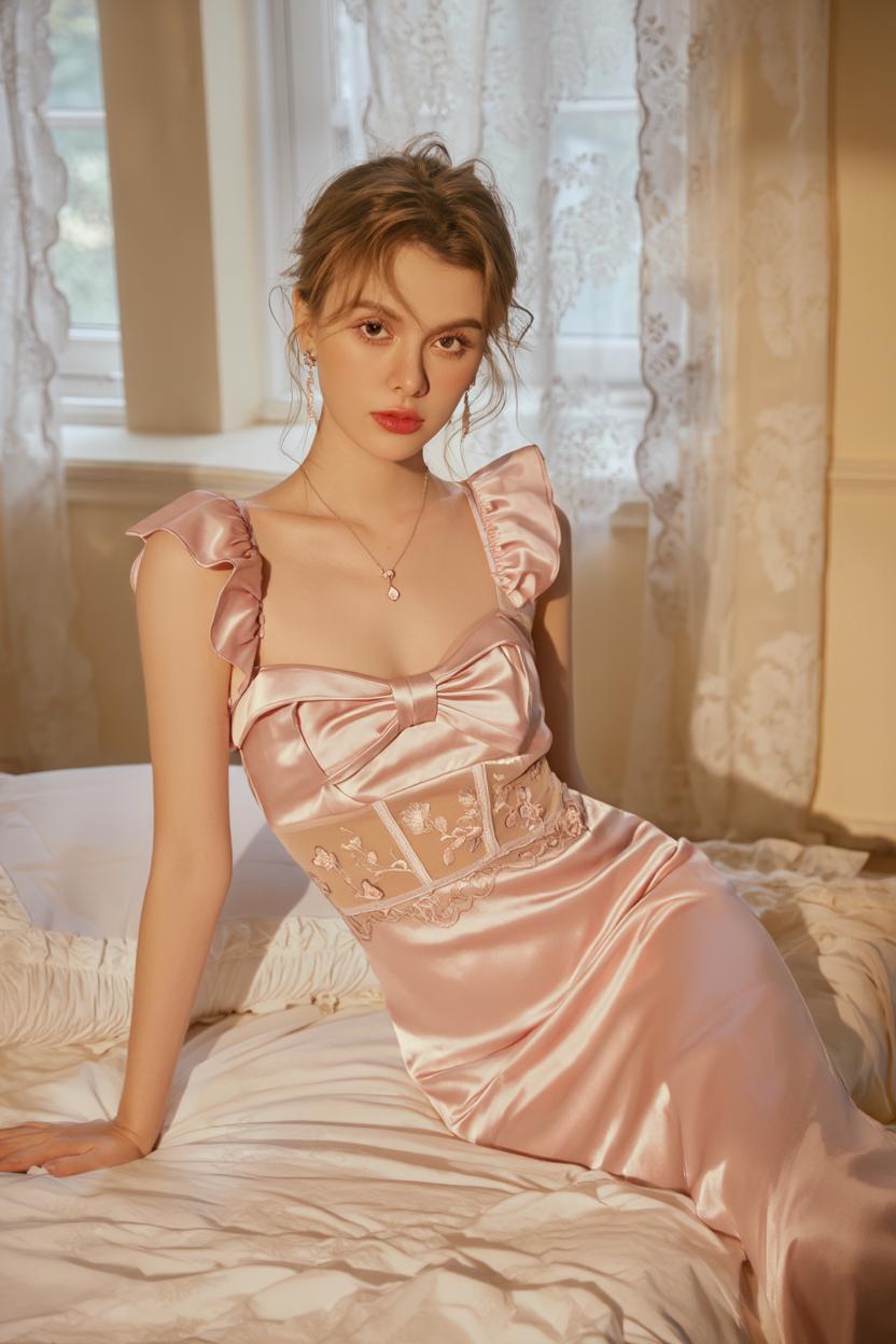 A Woman In An Elegant Pink Dress Sits Gracefully In A Softly Lit Room With Lace Curtains And A Cozy Ambiance