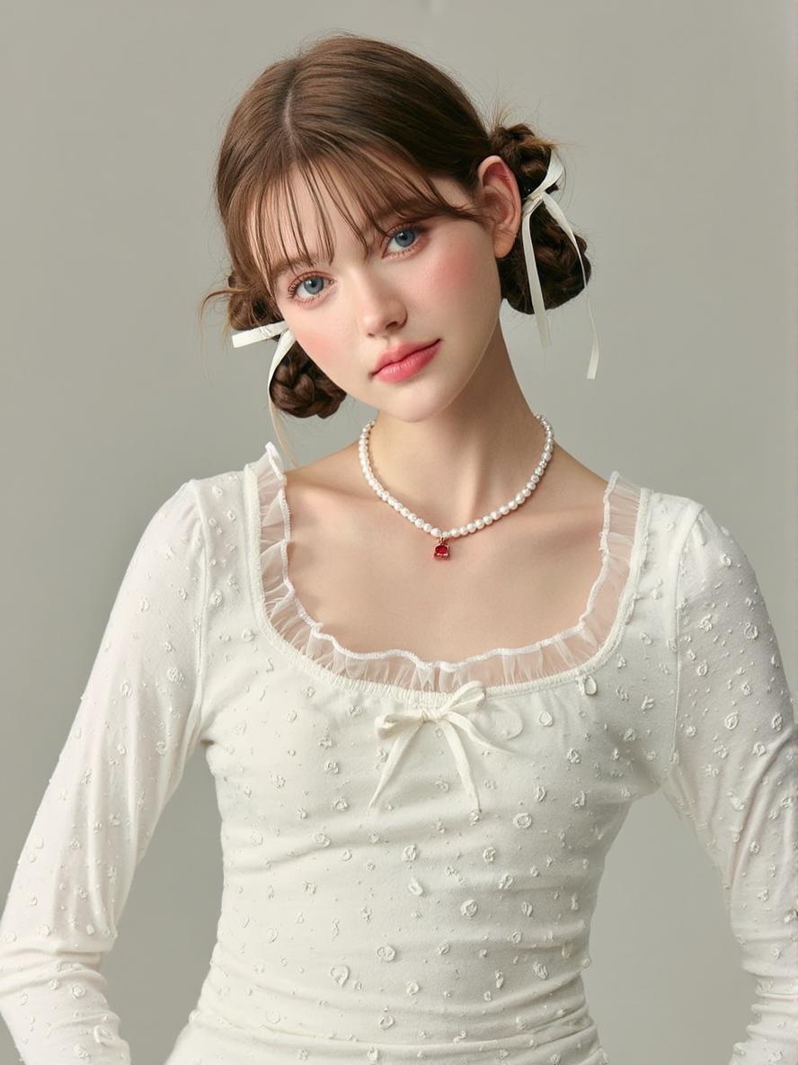 A Woman Wearing A Delicate White Blouse And Pearl Necklace Is Posed Against A Neutral Studio Background