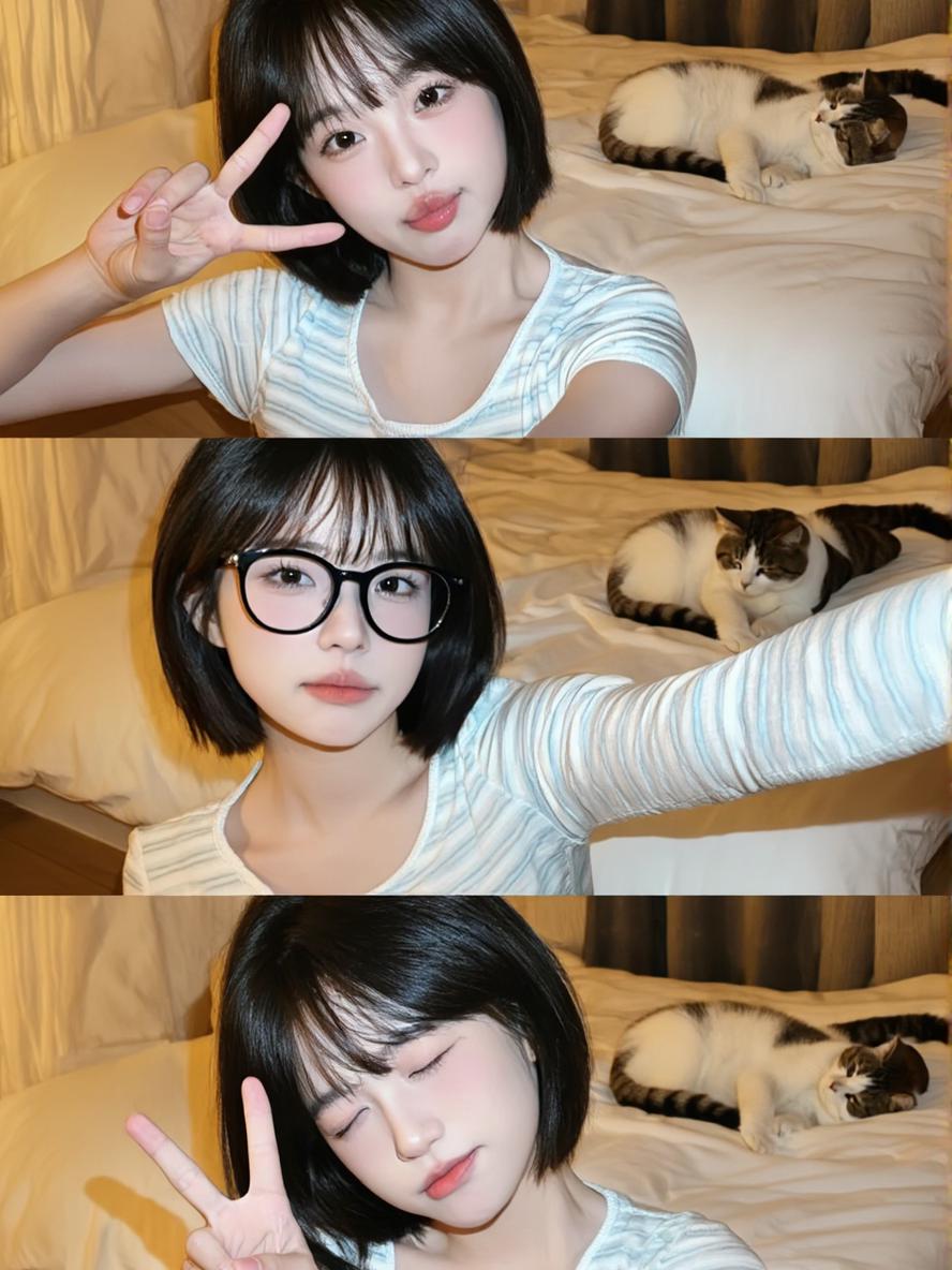 A Woman Poses For A Selfie In A Cozy Bedroom Setting With A Cat Lounging On The Bed In The Background