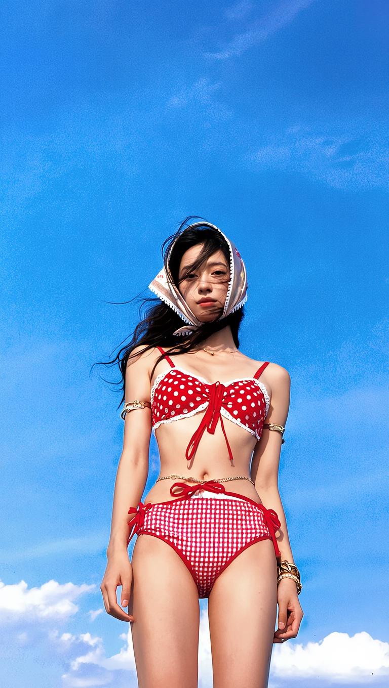 A Woman In A Red Patterned Swimsuit Stands Confidently Against A Bright Blue Sky