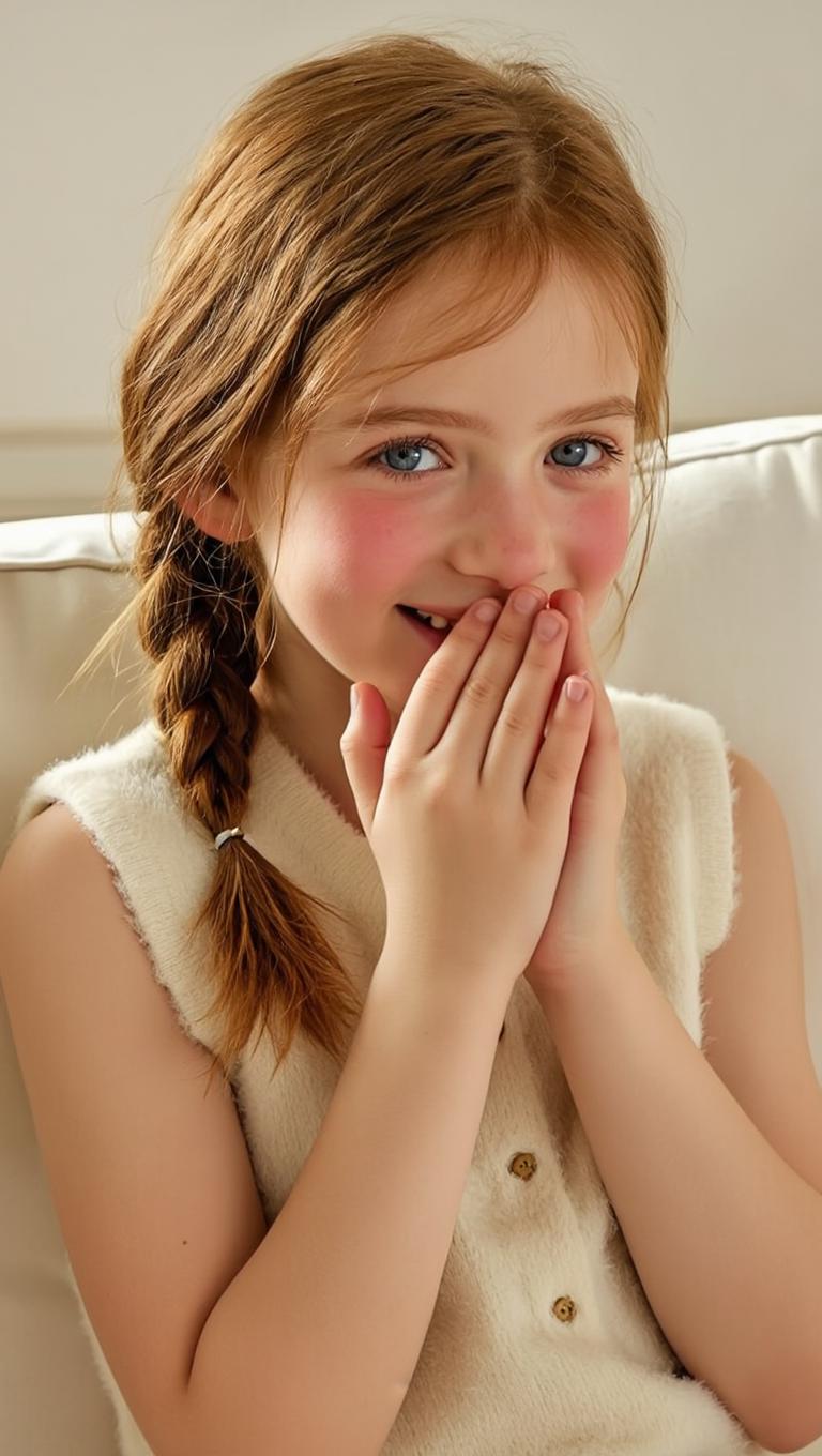 A Young Girl With Braided Hair Sits In A Cozy Indoor Setting Wearing A Soft Sleeveless Top