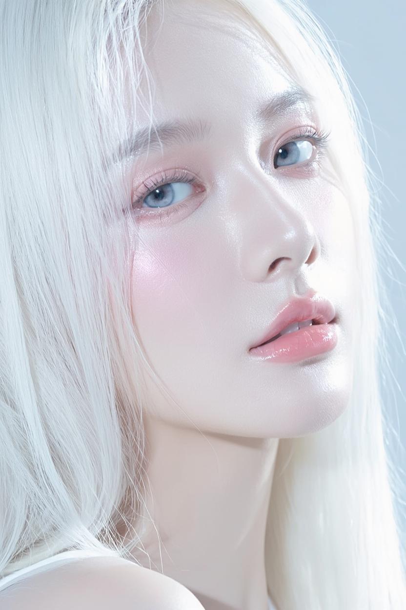 A Woman With Platinum Blonde Hair And Radiant Makeup Is Captured In A Soft Light-Filled Setting