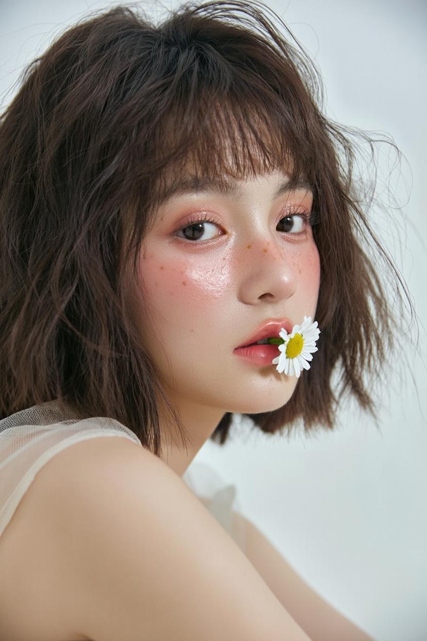 A Woman With Short Tousled Hair Is Captured In A Soft Minimalistic Setting