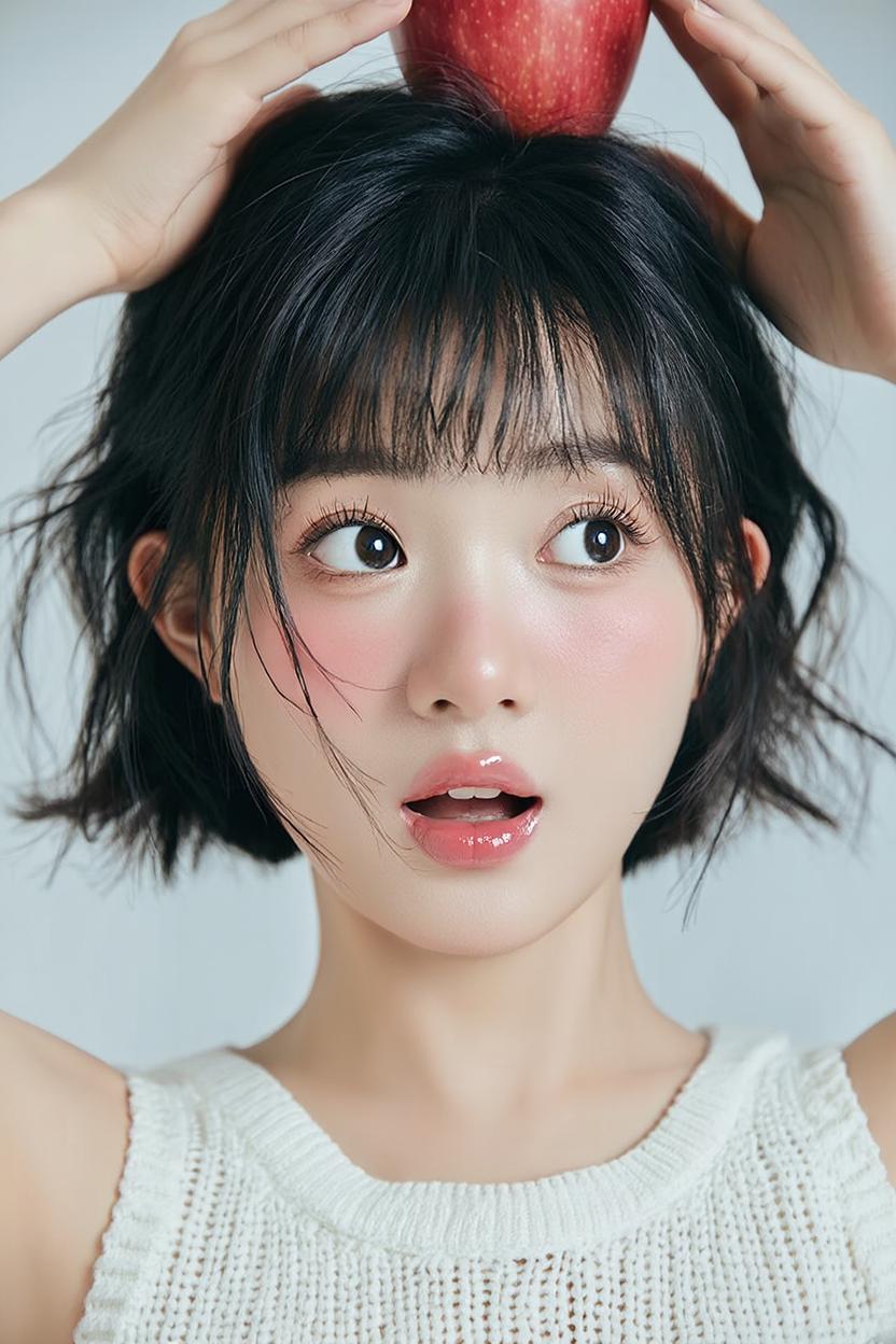 A Woman Wearing A White Knit Top Holds An Apple On Her Head Against A Simple Indoor Background