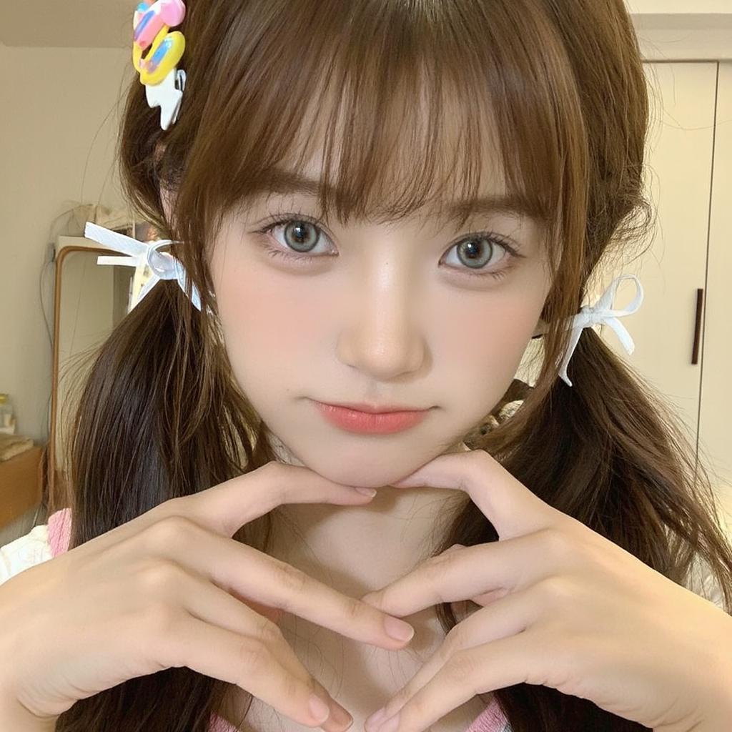 A Woman With Pigtails And Decorative Hair Clips Poses In A Cozy Indoor Setting